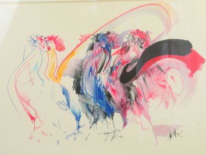 null Raymond MORETTI (1931-2005)
The roosters 
Lithograph in colors signed in bottom...