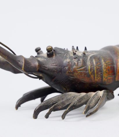 null JAPAN : 
Brown patina bronze set including a crayfish, antennas raised, and...