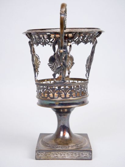 null Silver-plated metal jam dish resting on a square base, decorated with dancers...