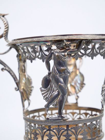 null Silver-plated metal jam dish resting on a square base, decorated with dancers...