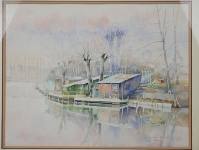 null Claude BENEZECH 
"Les pontons d'Olainville"
Aquarelle signée en bas à droite...