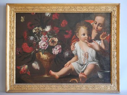 null École ROMAINE de la fin du XVIIe siècle
Jeune mère et son enfant près d'un vase...