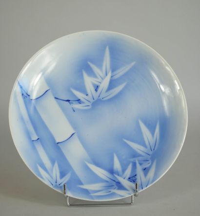 null JAPON 
Suite de 14 assiettes en porcelaine à décor blanc bleu de bambous. Travail...