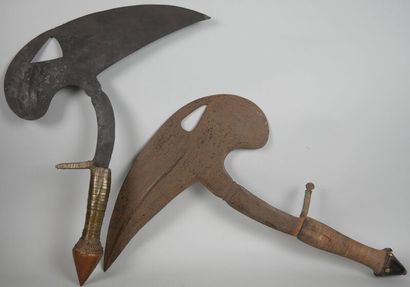 null GABON - peuple KOTA

Deux couteaux de jet à lame de fer en forme de bec de calao,...
