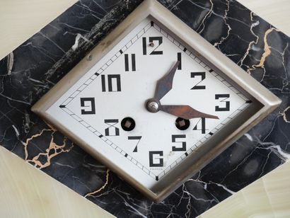 null Onyx and marble mantelpiece, the diamond-shaped dial surmounted by a sculpture...