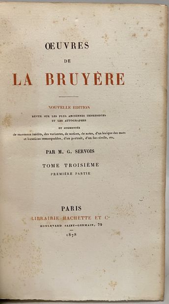 null SERVOIS (Gustave). Oeuvres de La Bruyère. Paris, L. Hachette et Cie. 1865. 3...