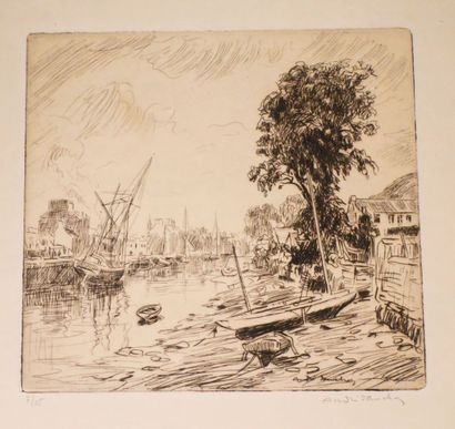 null André DAUCHEZ (1870-1948)
Voiliers à marée basse
Gravure au burin sur papier...