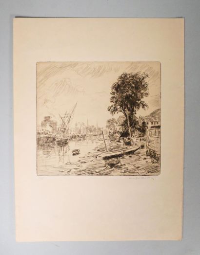 null André DAUCHEZ (1870-1948)
Voiliers à marée basse
Gravure au burin sur papier...