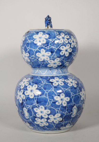 null CHINE :
Vase double-gourde et son couvercle en porcelaine à décor en camaïeu...