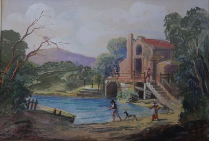 null École du XIXe siècle 
Réunion de 5 aquarelles sur papier représentant des paysages...