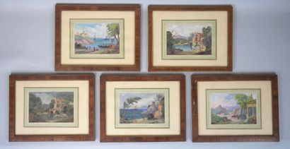 null École du XIXe siècle 
Réunion de 5 aquarelles sur papier représentant des paysages...