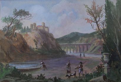 null École du XIXe siècle 
Réunion de 4 aquarelles sur papier représentant des paysages...