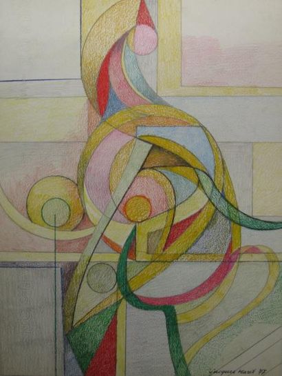 Jacques MARET (1900-1980) Composition géométrique. Crayon de couleur et stylo sur...