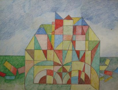 Jacques MARET (1900-1980) Paysage géométrique. Crayon de couleur et stylo sur papier...