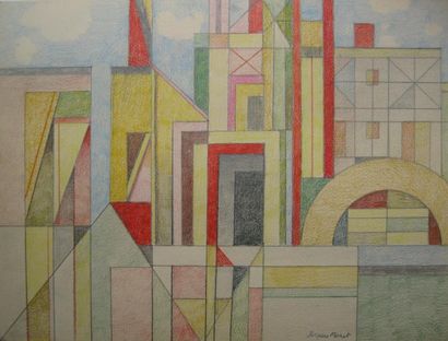 Jacques MARET (1900-1980) Paysage urbain. Crayon de couleur et stylo sur papier signé...