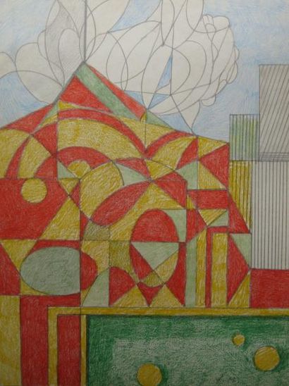 Jacques MARET (1900-1980) Paysage urbain. Crayon de couleur sur papier monogrammé...