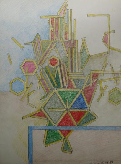 Jacques MARET (1900-1980) Composition géométrique. Crayon de couleur et stylo sur...