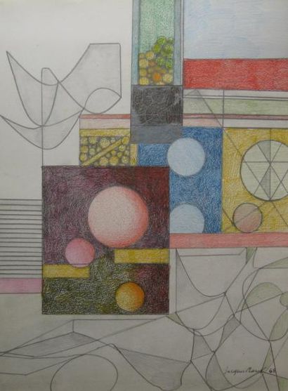 Jacques MARET (1900-1980) Composition abstraite. Crayon de couleur et stylo sur papier,...