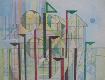 Jacques MARET (1900-1980) Composition abstraite. Crayon de couleur et stylo sur papier...