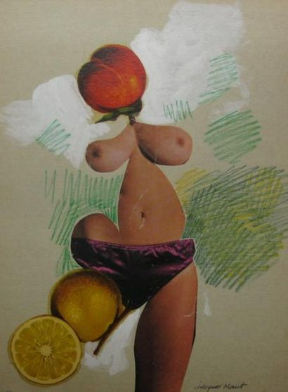 Jacques MARET (1900-1980) Composition surréaliste au citron. Collage, crayon et gouache...