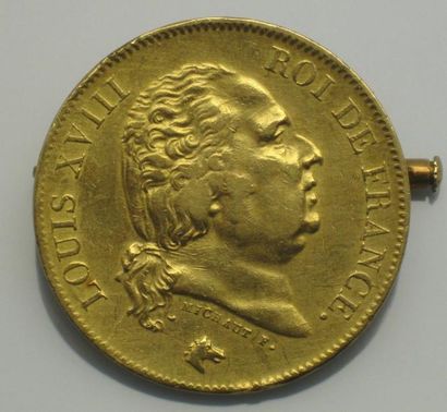 null Pièce en or Louis XVIII. 1818. Montée en broche. Poids brut : 14 g.