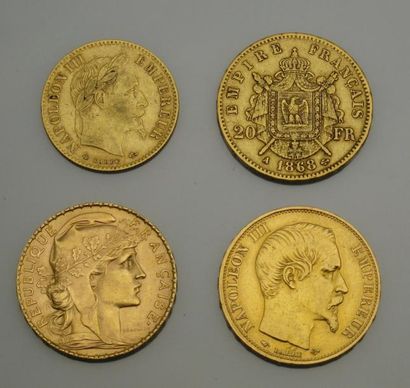 Quatre pièces en or : - 20 francs Napoléon...
