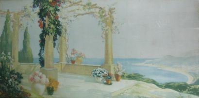 DE MARCILLAC Vue de bord de mer. Lithographie. 40 x 82 cm. Cadre. Petit déchirure,...