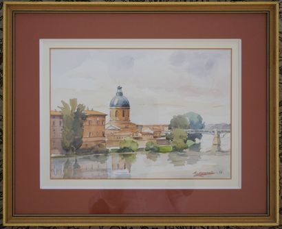 null Henri BONNET. 20th century school. 
View of Toulouse 
Watercolor on paper under...