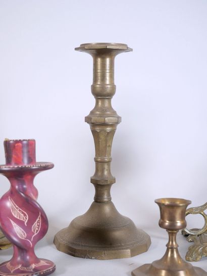 null Set of 8 gilt metal, porcelain or hardstone candlesticks and hand candlesticks....