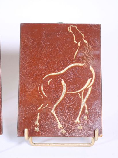 null Suite of 4 small rectangular lacquer panels depicting horses, a warrior and...
