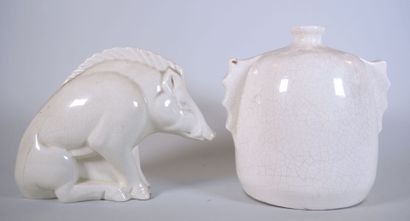 null Reunion of two white cracked ceramic objects featuring a boar and an Art Deco...