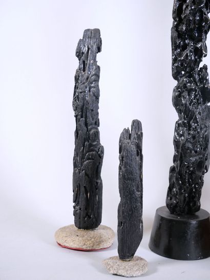null Lot de sculptures composées de bois flotté peint en noir sur des socles. 
Dimensions...
