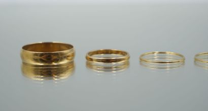 null Suite of 8 gold wedding bands of various sizes and thicknesses. 
Total weight:...