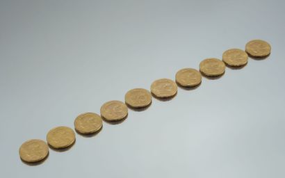 Set of 10 Gold Coins - France - Au Coq.
10-20...