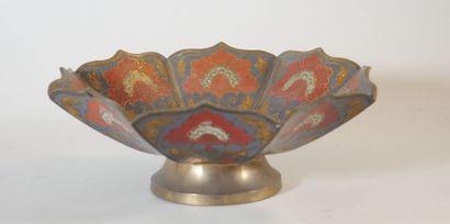 null Gilded metal octagonal pedestal bowl with scalloped edges and polychrome enamel...