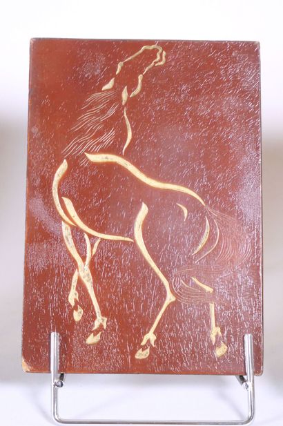 null Suite of 4 small rectangular lacquer panels depicting horses, a warrior and...