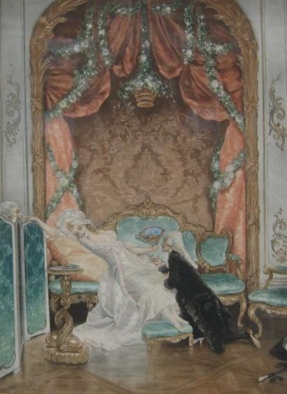 Lucius ROSSI (1846-1913) (d'après) Scène galante. Estampe. 34 x 25,5 cm. Cadre.