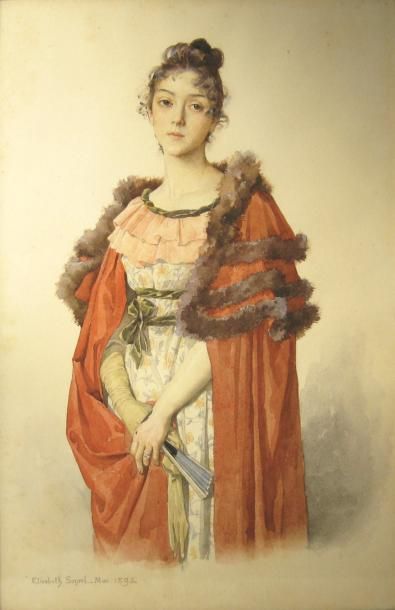 Elisabeth SONREL (1874-1953) Portrait de femme à l'éventail. Aquarelle. 49 x 32 cm....