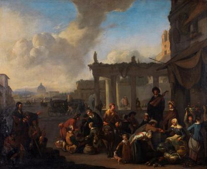 Johannes LINGELBACH (Francfort 1622 - Amsterdam 1674) Scène de marché à Rome Huile...