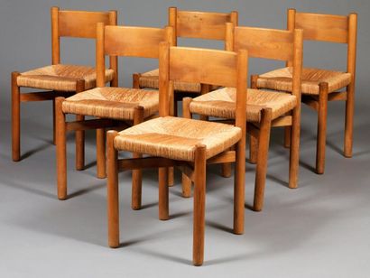 Charlotte PERRIAND (1903-1999) Méribel Suite de six chaises en frêne. Les pieds avant...