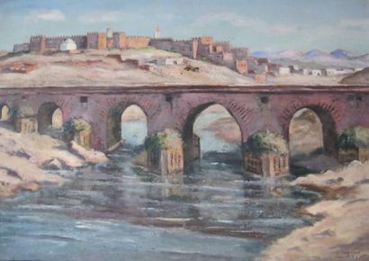 Albert LEPREUX (1868-1959) Kasba Tadla, le pont portugais Huile sur panneau signée...