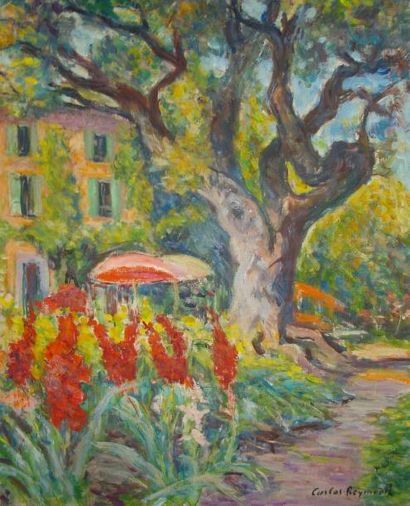 Carlos REYMOND (1884-1970) L'olivier aux glaïeuls rouges Huile sur toile signée en...