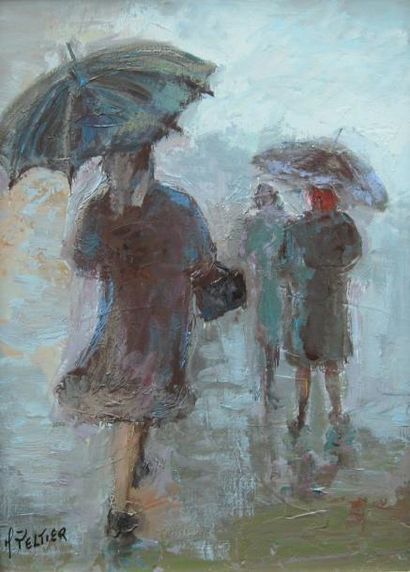 Marcel PELTIER (1924-1998) Il pleut sur la ville Huile sur toile signée en bas à...