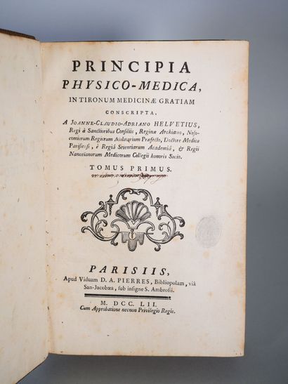 null [HELVETIUS]. Ensemble de 2 Volumes.
Principia Physico-Medica in Tironum Medicinae...