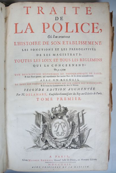 null Nicolas DELAMARE 
Ensemble de 4 volumes.
Traité de la police, où l'on trouvera...