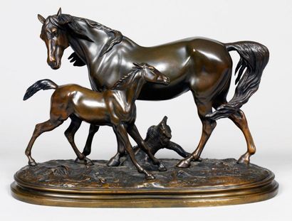 Edouard DELABRIERE (1829-1912) (d'après) Jument et poulain Épreuve en bronze à patine...