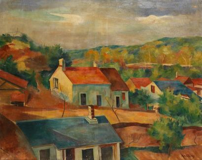 René DUREY (1890-1959) Paysage aux maisons Huile sur toile signée en bas à droite....