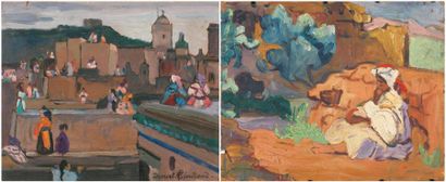 Suzanne DROUET-REVEILLAUD (1885-1970) Vue de toits et vieillard assis Huile sur panneau...