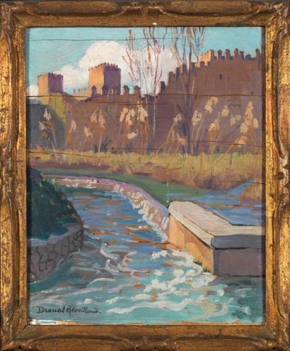 Suzanne DROUET-REVEILLAUD (1885-1970) Canal devant des remparts Huile sur panneau...