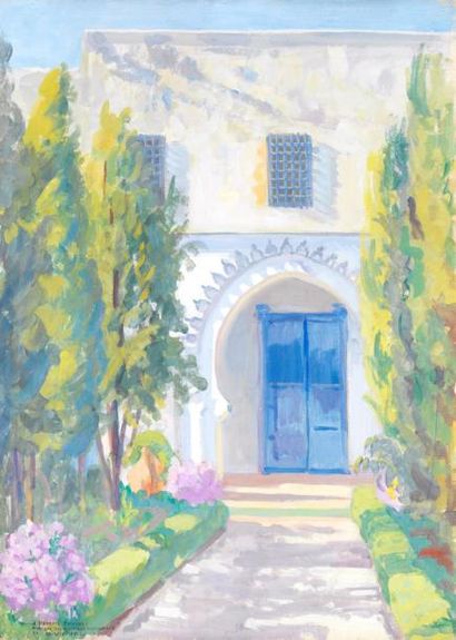 Marcel VICAIRE (1893-1976) Jardin devant une maison à la porte bleue Gouache sur...